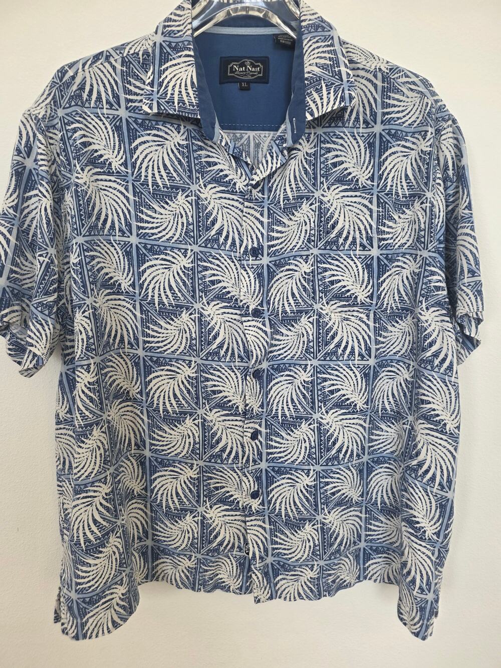 Nat Nast Luxury Originals Blue Palm Print Silk Cotton Button Down Shirt